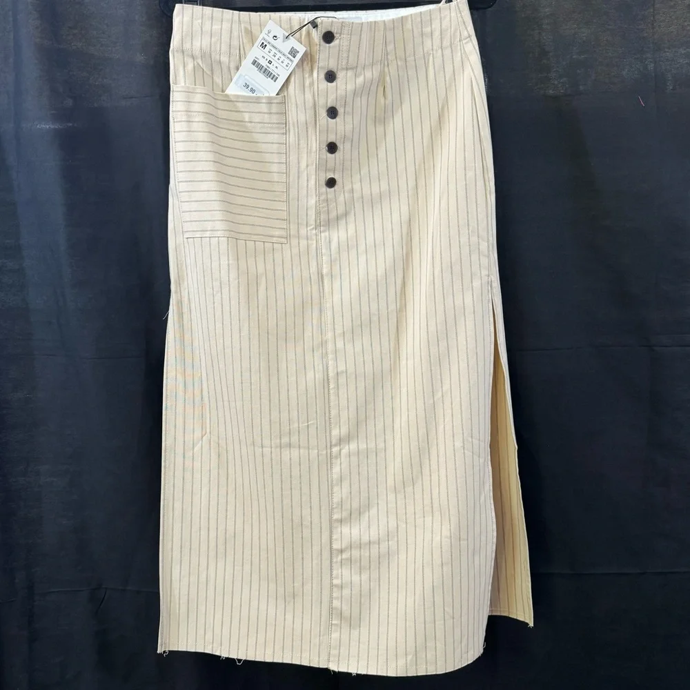 NWT ZARA Beige Vertical Striped Skirt with Single Pocket Double Side Slit Skirt - Picture 1 of 13